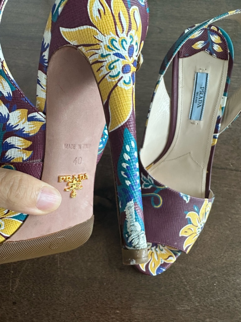 Prada Burgundy Floral Open-Toe Slingback Heels - Picture 7 of 9
